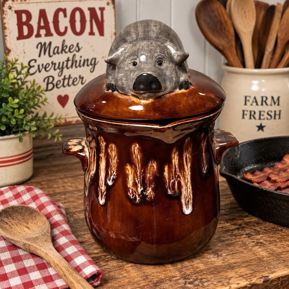 Vintage Ceramic Pig Bacon Grease Keeper Crock Strainer Brown Drip Glaze